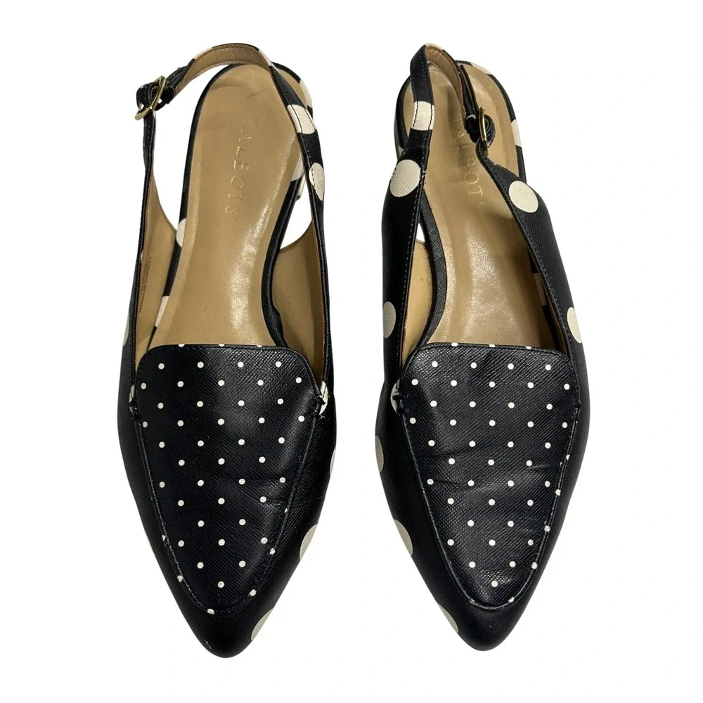 Talbots Polka Dot Pointed Toe Slingback Flats 8M Black White Gold Preppy Chic